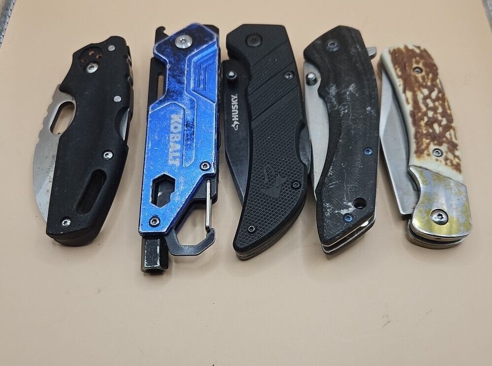 5 Single Blade Mixed Lot Pocket Knife-Kobalt ,Tuff lite, Husky, Uzi, Ozark Trail