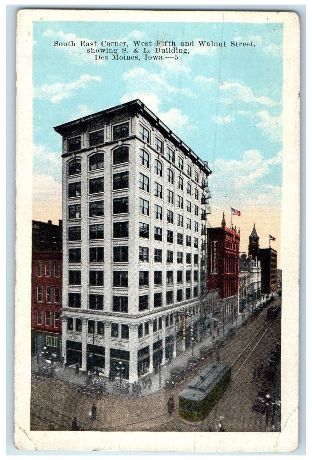 1920 South East Corner W. 5th Walnut Street S. & L. Bldg. Des Moines IA Postcard