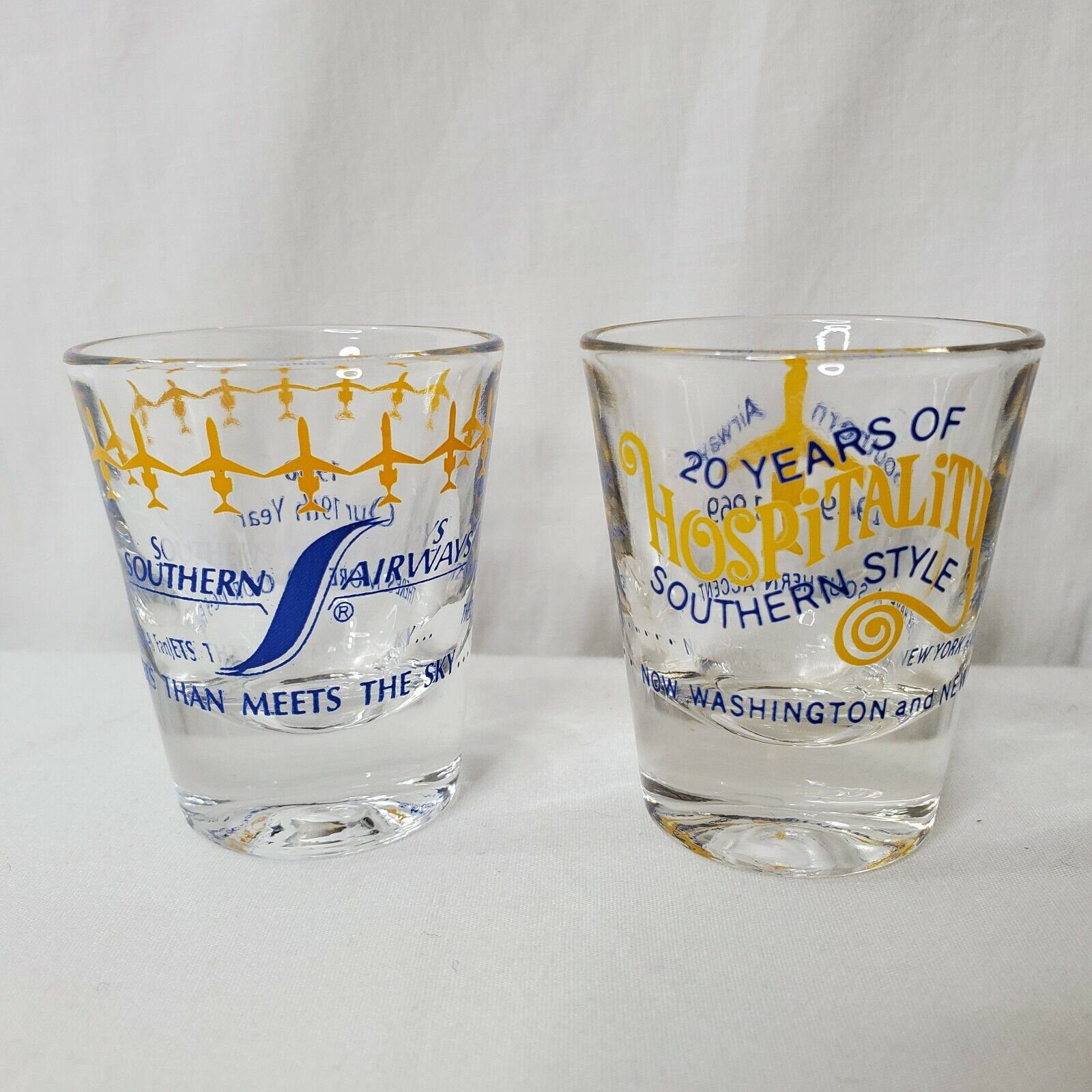Vintage Southern Airways Shot Glasses Airplanes Blue Yellow 1968 1969 Planes