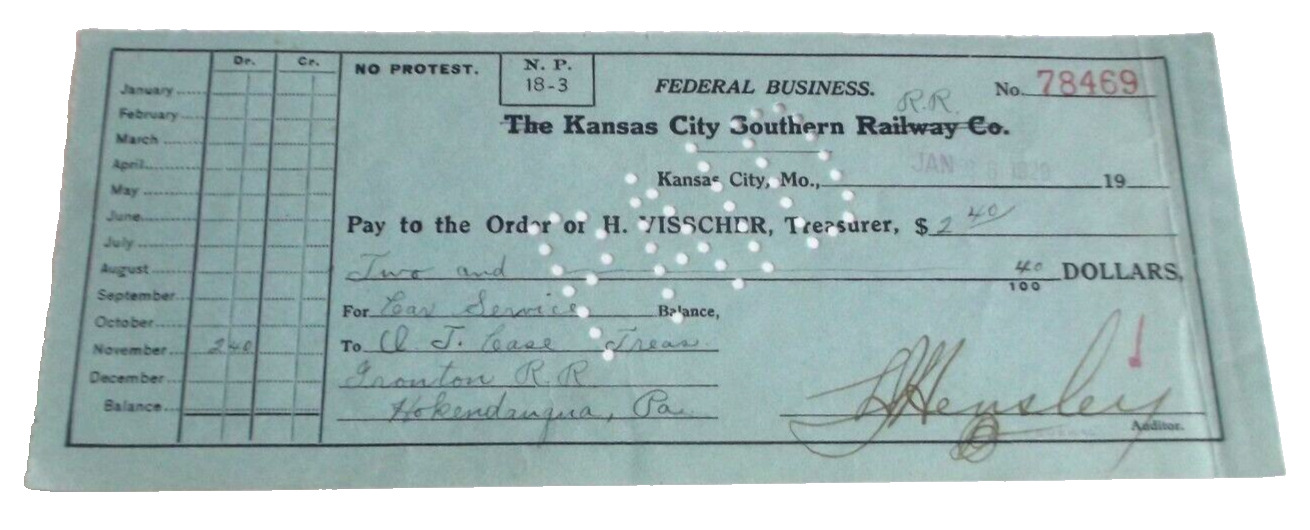 1920 KANSAS CITY SOUTHERN RAILWAY KCS COMPANY CHECK #78469 TO IRONTON RAILROAD