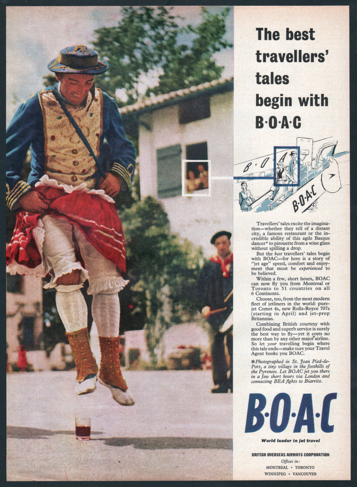 1960 British Airways BOAC print ad Basque Dancer St. Jean Pied-de-Port