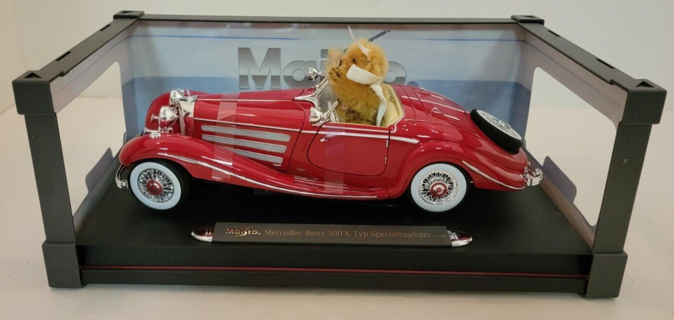 Steiff Bear in Red 1936 Red Mercedes Roadster 500K