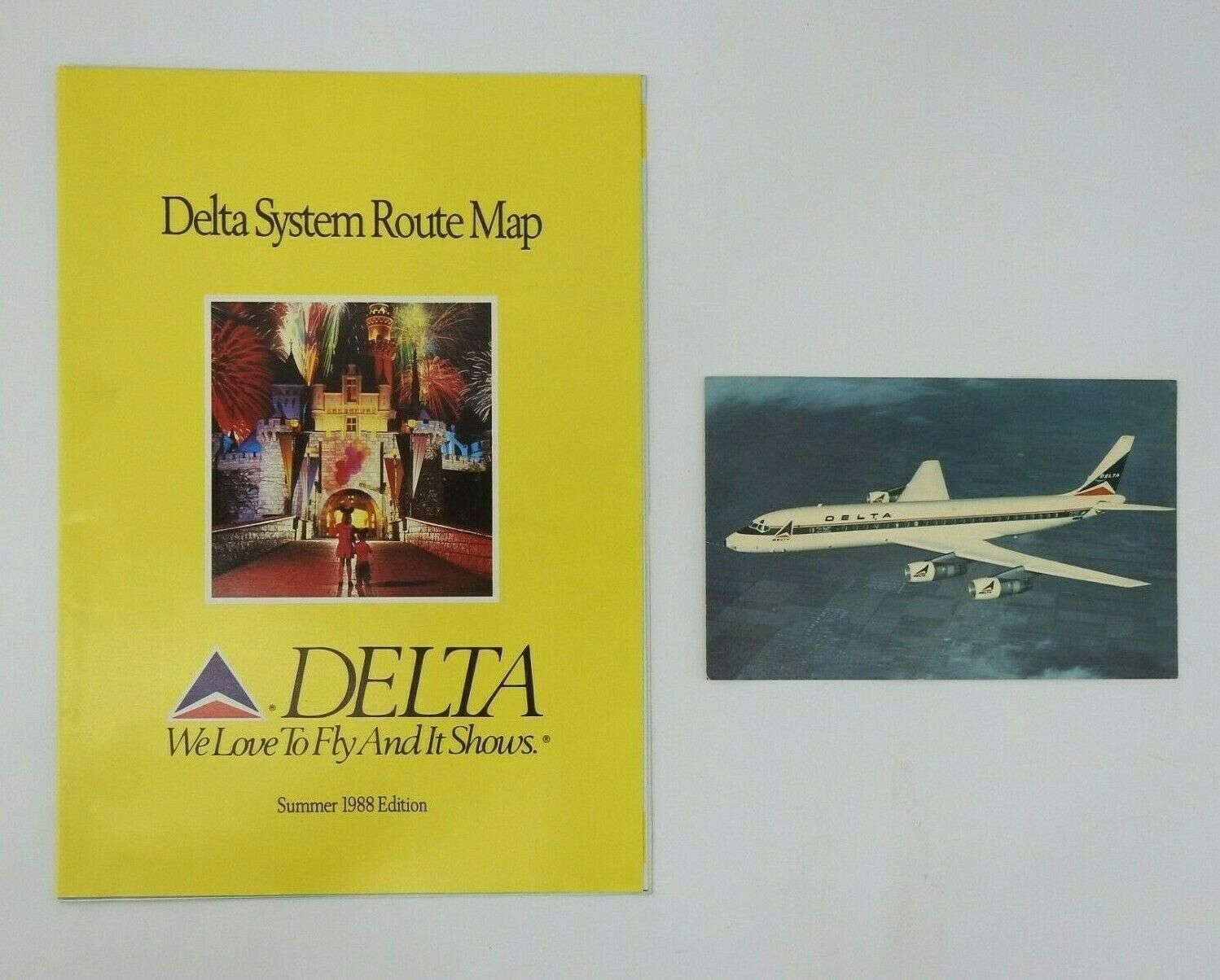 Vintage 1998 Delta System Route Map Disney Graphic & DC8 Airplane Postcard