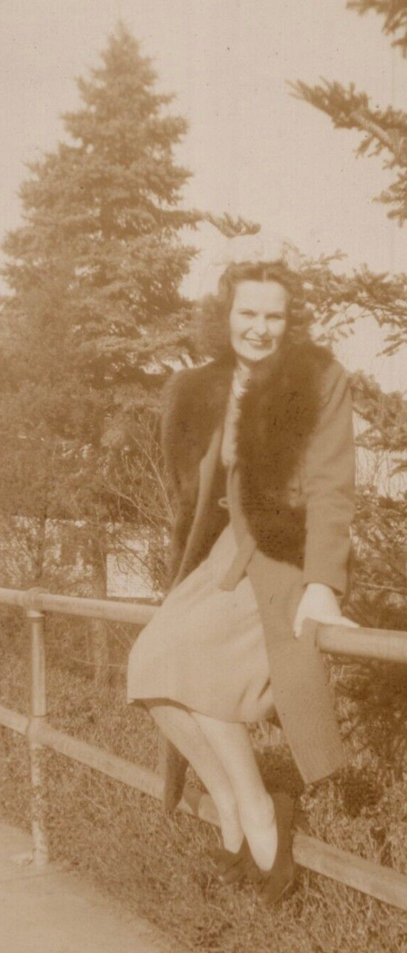 6J Photograph Beautiful Woman Lady Pretty Sitting On Bridge Railing 1930-40\'s