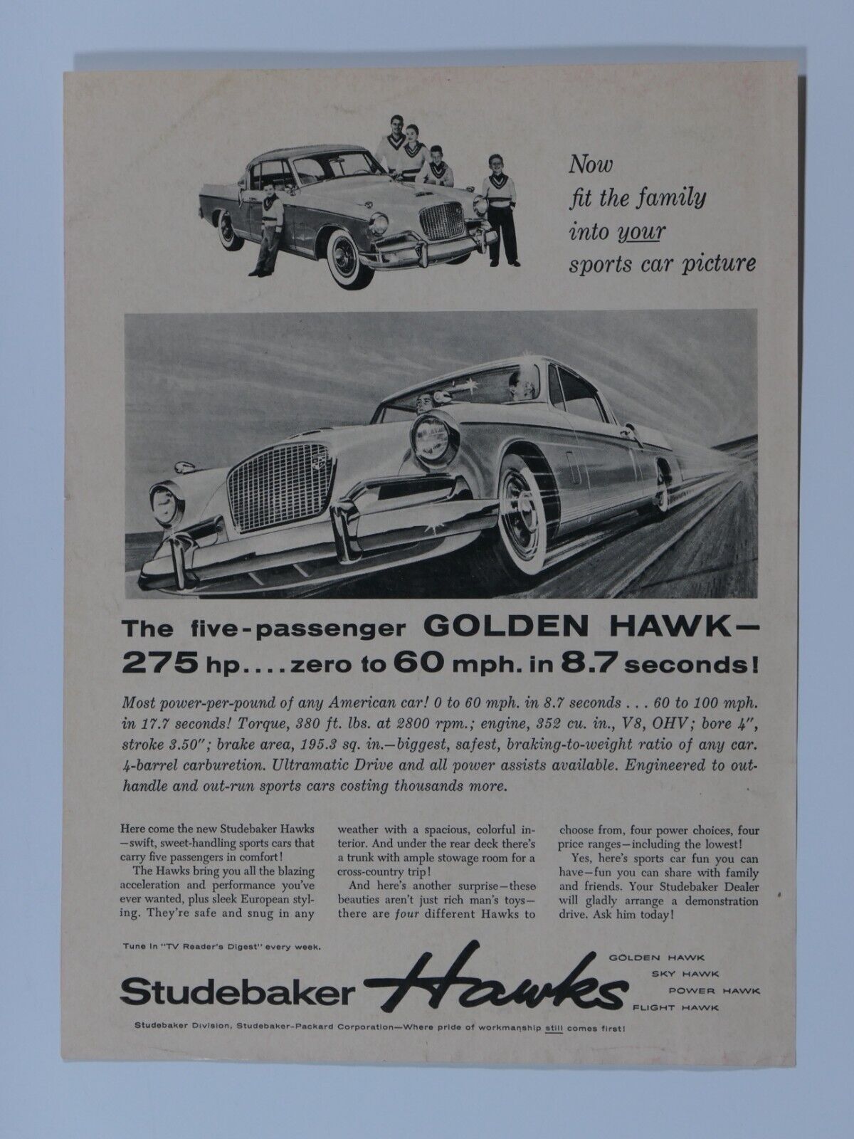 1956 Studebaker Golden Hawk Vintage 275 HP Original Print Ad 8.5 x 11\