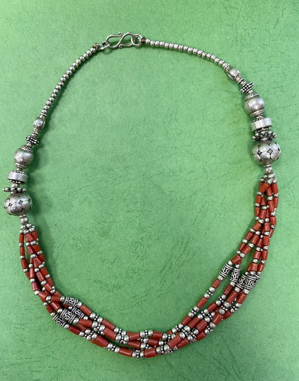 Antique Old Eastern mediterranean natural Red coral Silver  Yamani necklace,  R2
