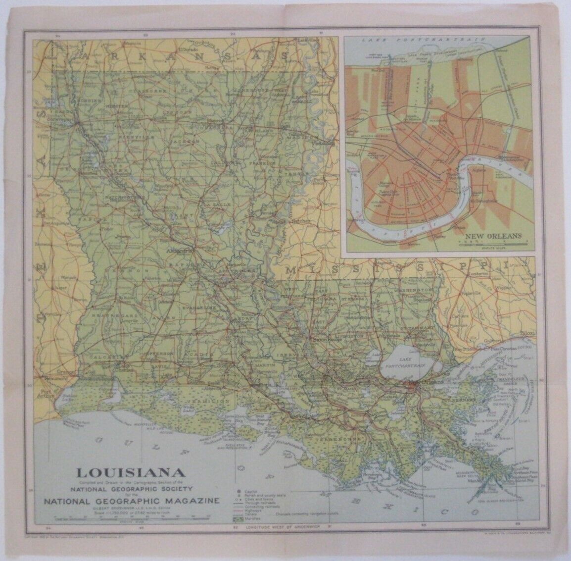 1930 National Geographic Road Map LOUISIANA New Orleans Ferry Old Spanish Trail