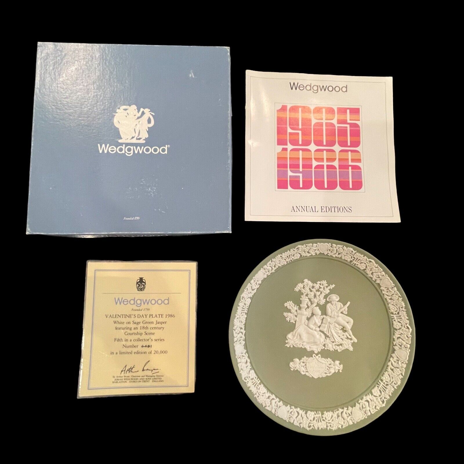 VTG Wedgwood Limited Edition Valentine\'s Day Plate 1986 Sage Green Jasperware