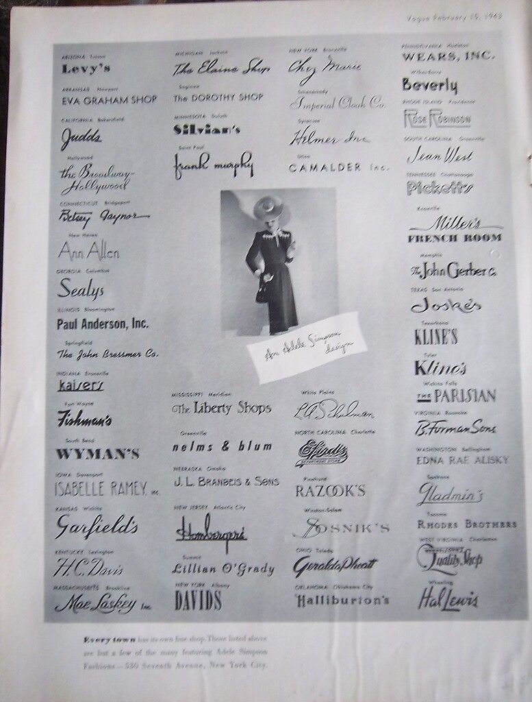 1943 Vintage Women\'s Fashion Designers Adele Simpson Clothing Ad
