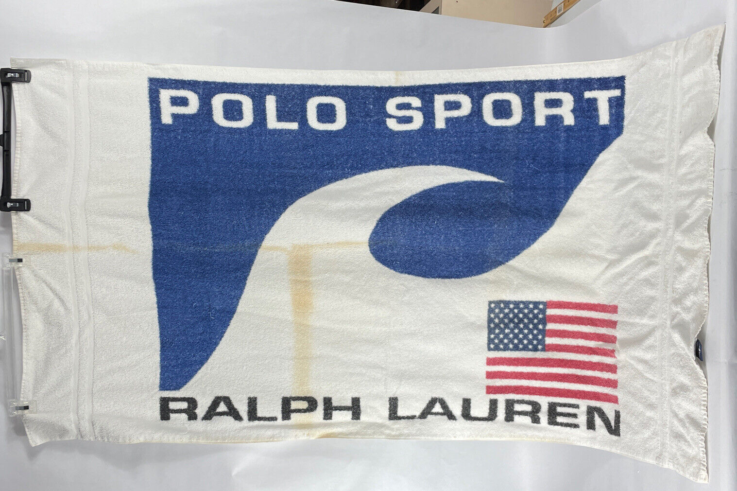 Vintage Ralph Lauren Polo Sport USA Flag Red White Blue Beach Towel Sun Stained