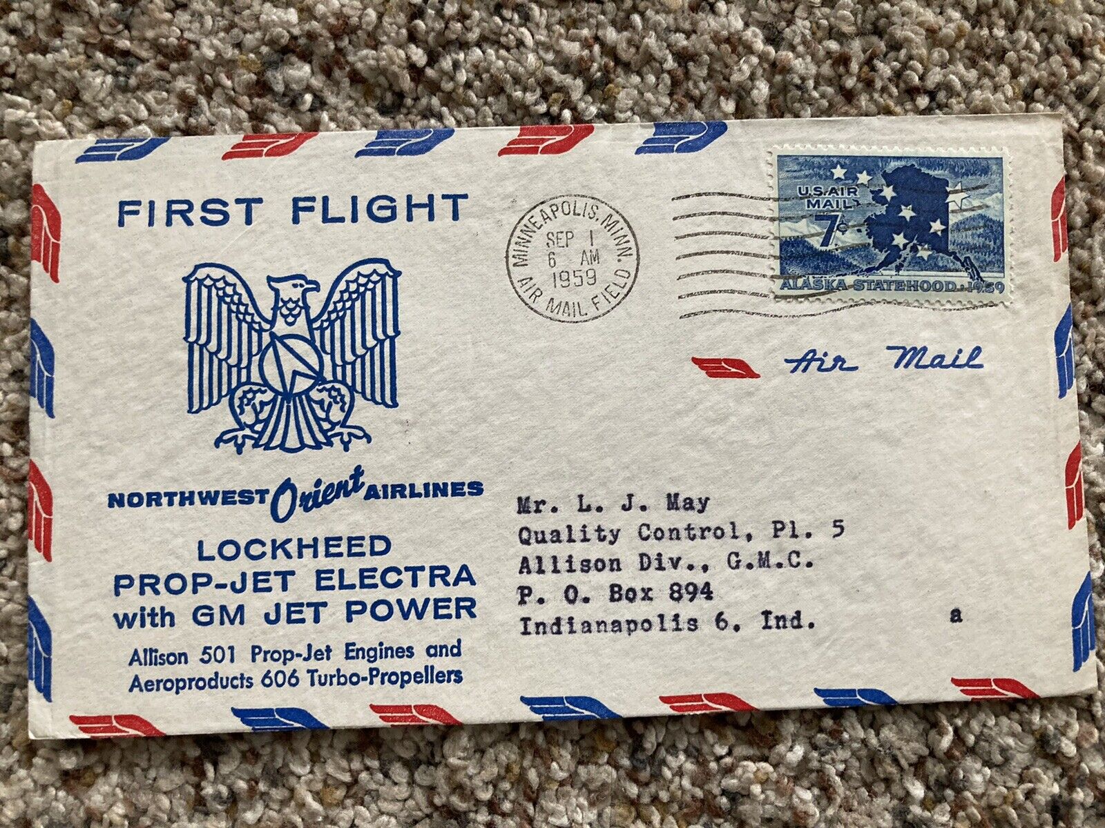 NORTHWEST ORIENT AIRLINES FIRST FLIGHT COVER 1959 Lockheed Prop-Jet Electra GM