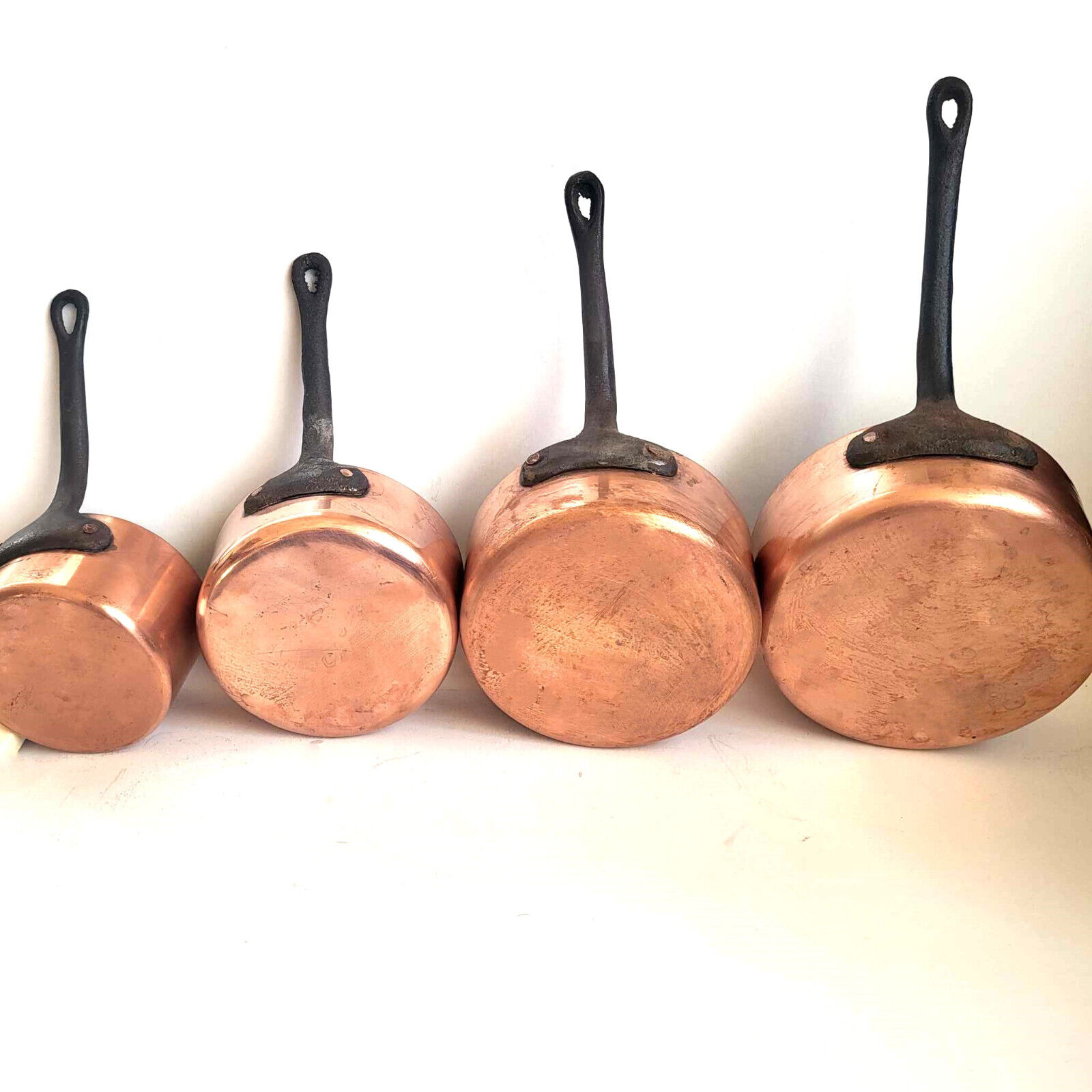 Copper Saucepans Set of 4 Cooking Pot Iron Handle Vintage Hanging Saute Pans