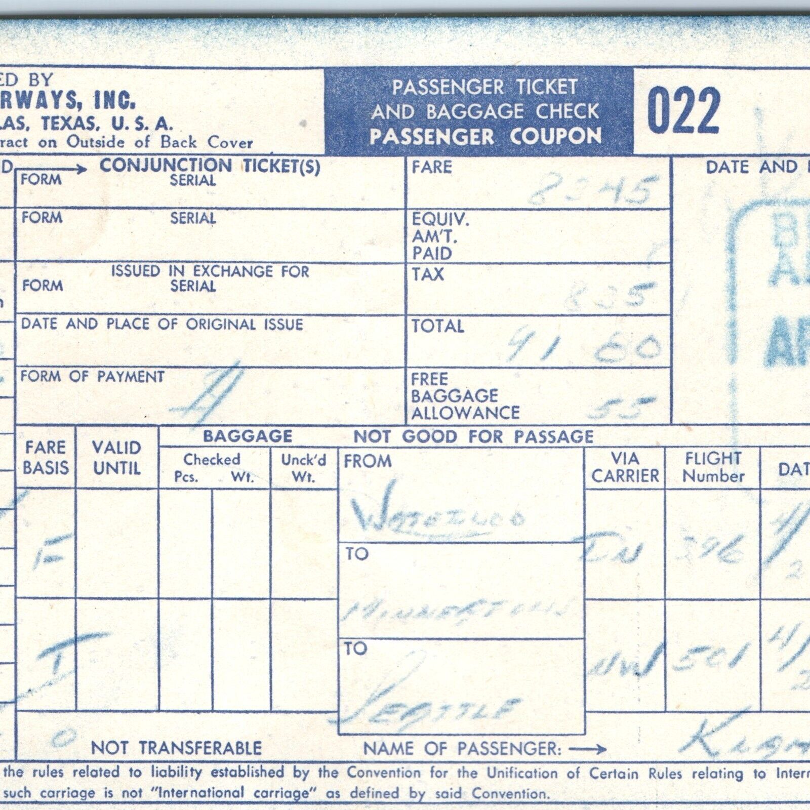 1954 Braniff Airways Airplane Ticket Waterloo, IA to Seattle Flight Coupon TX 5Q