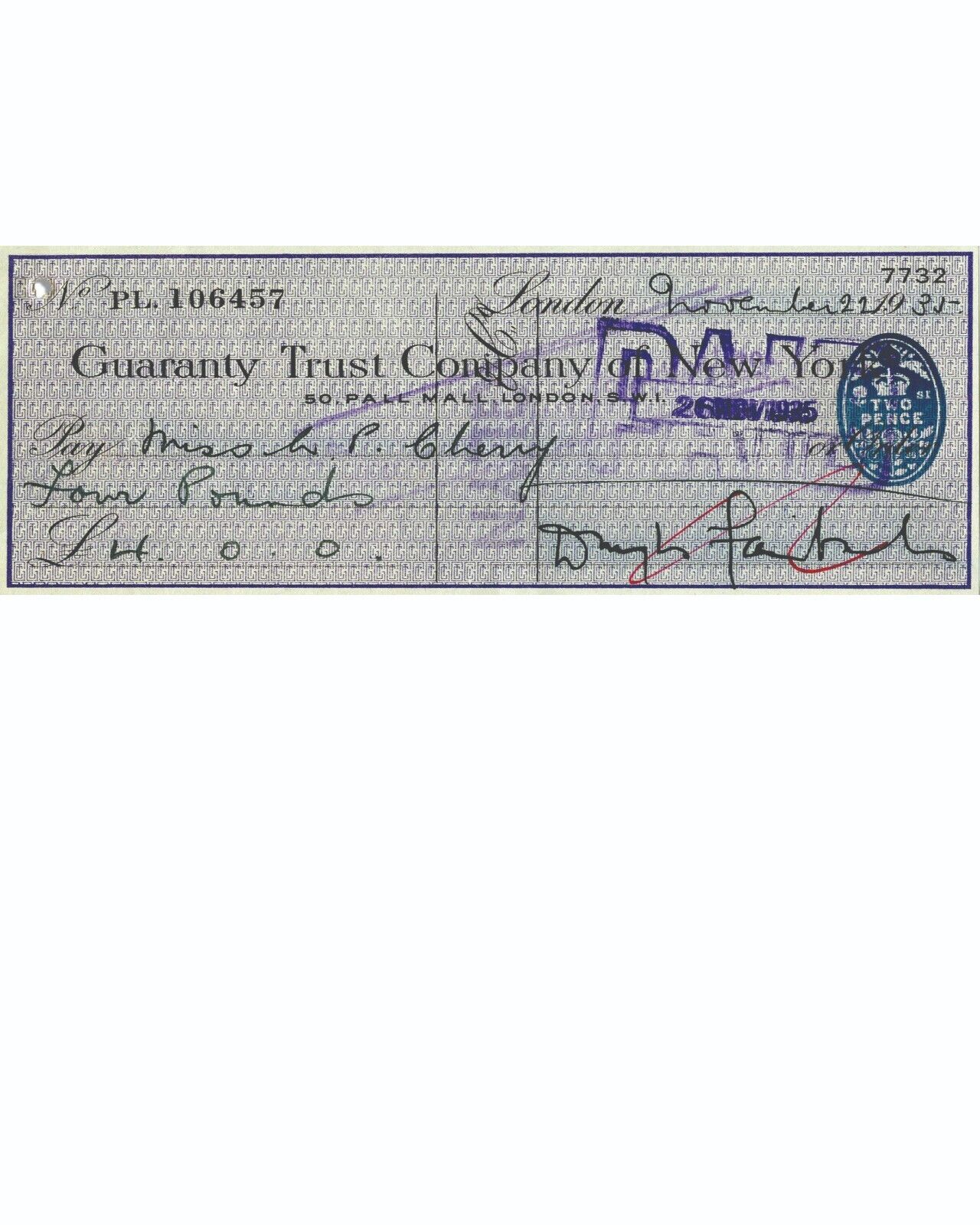 Douglas Fairbanks Senior Reprint Check with 8.50\