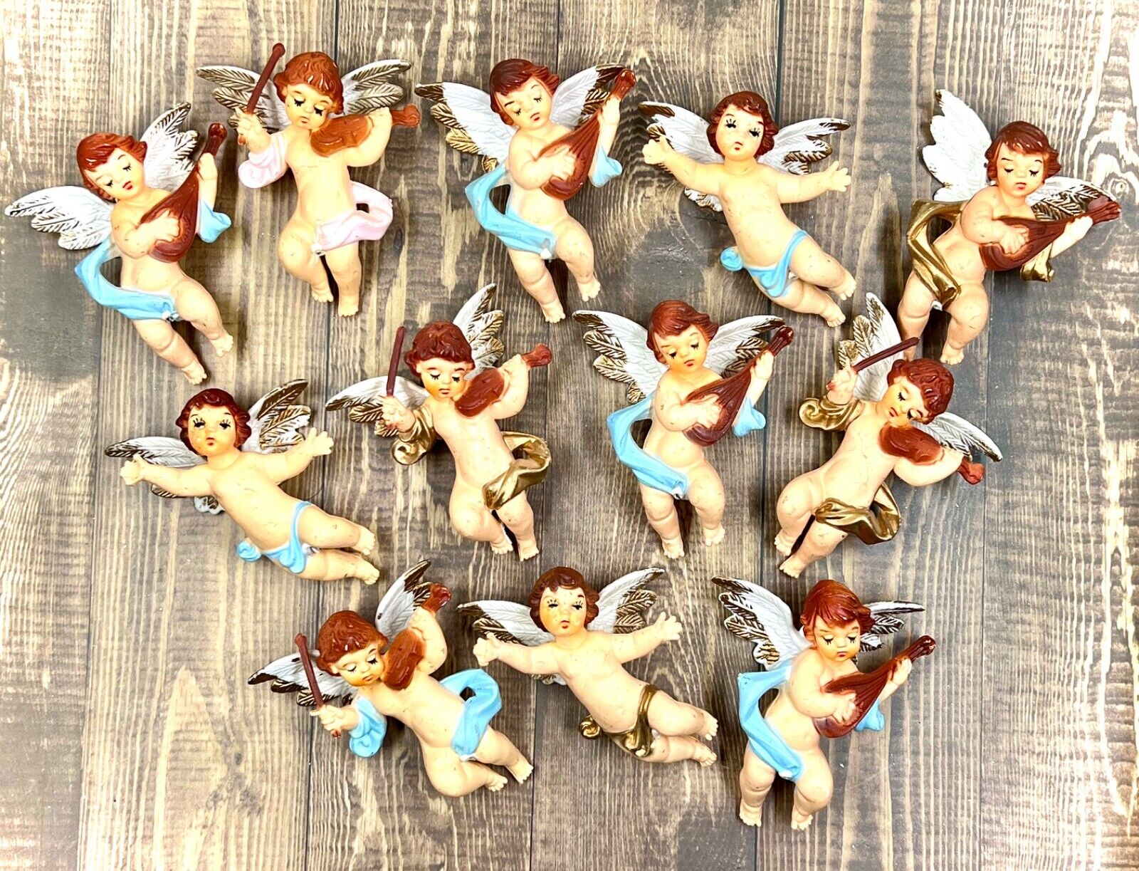 Vintage Set of 12 Angel Holiday Ornaments Musical Instruments,  Blow Mold