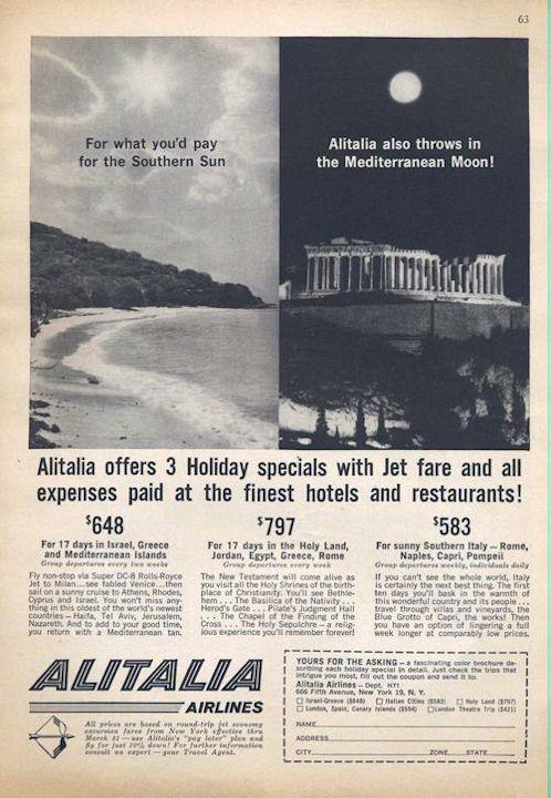 1962 Alitalia Airlines PRINT AD Details 3 different trips fun and informative