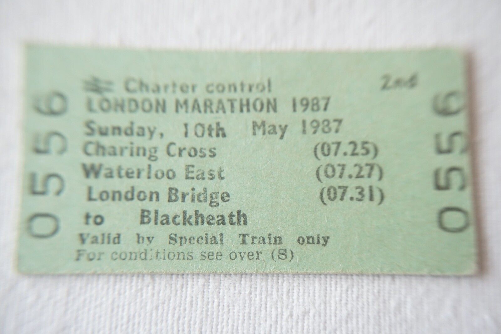 1987 The London Marathon Blackheath Charter Control BR Railway Train Ticket 