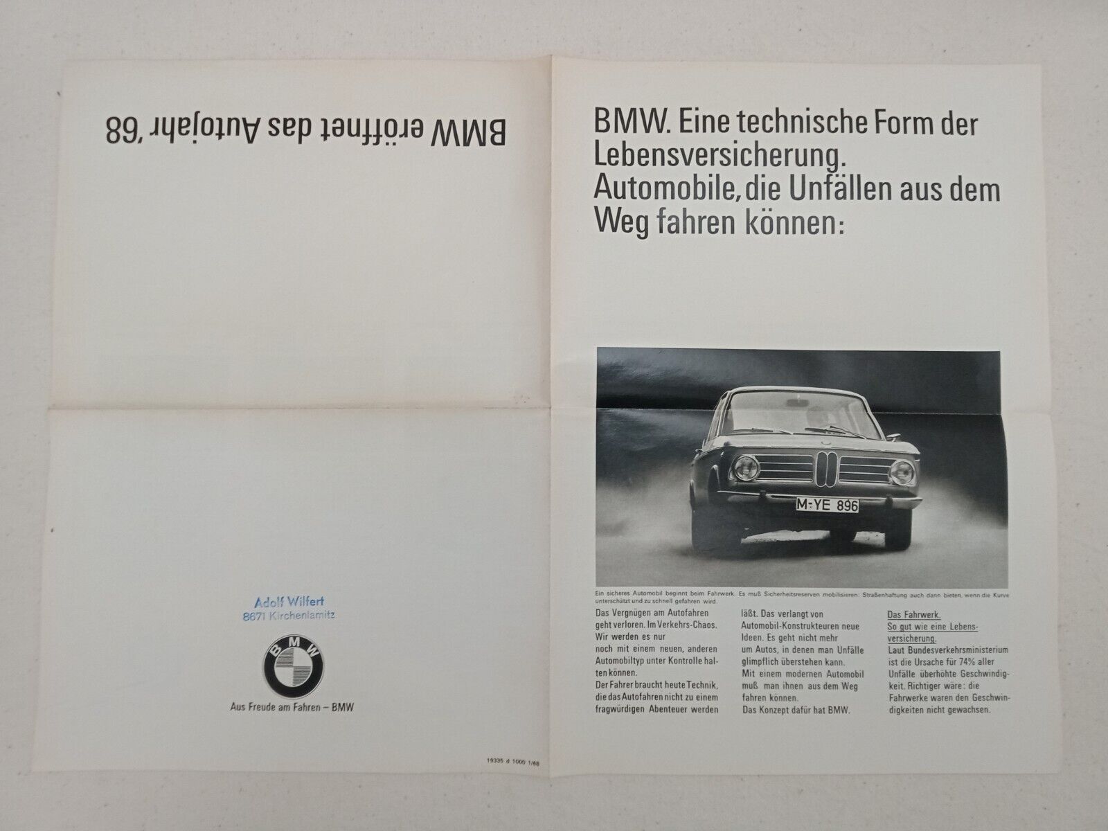 Vintage BMW 2002 Sales Broschure 1968 Double Sheet Brochure GERMAN Very Rare