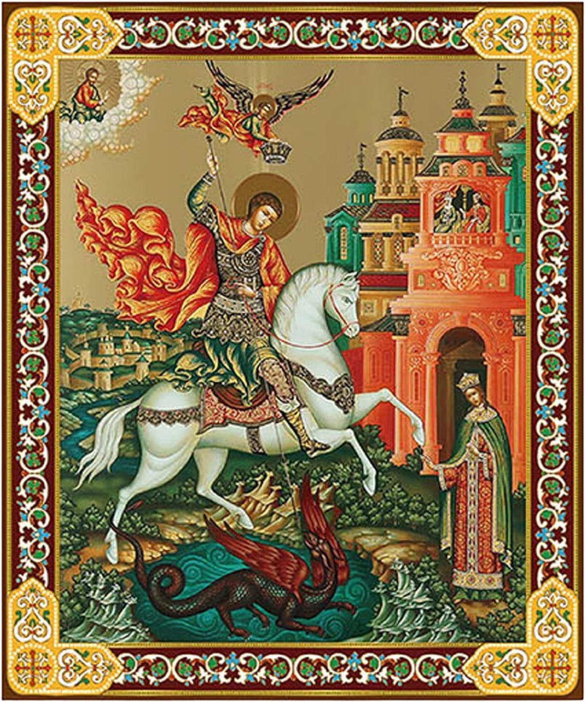 Ornate St Saint George Catholic Foiled Orthodox Wood Mounted Icon 7.5 In