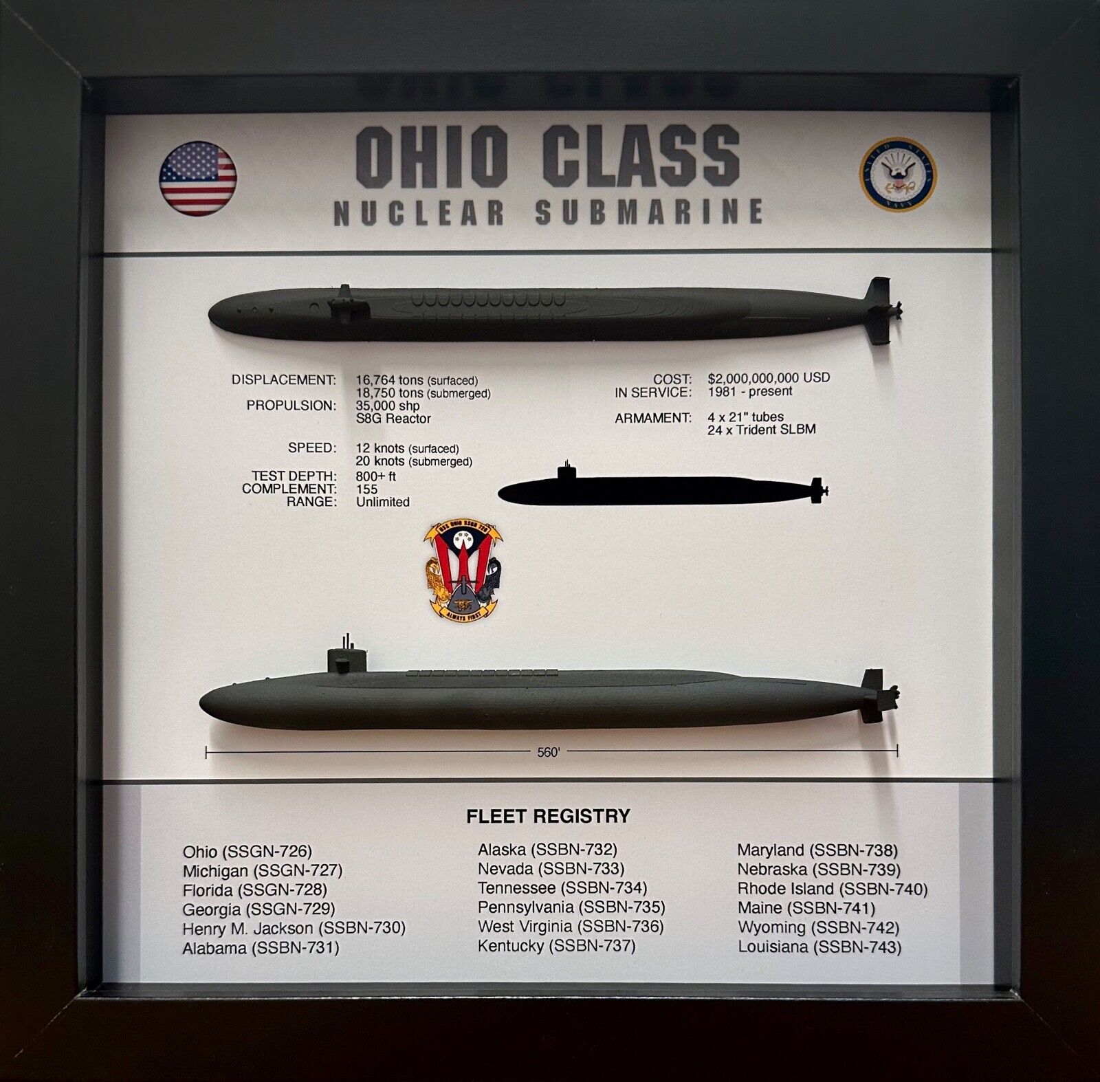 Ohio Class Submarine Memorial Display Shadow Box, 9\
