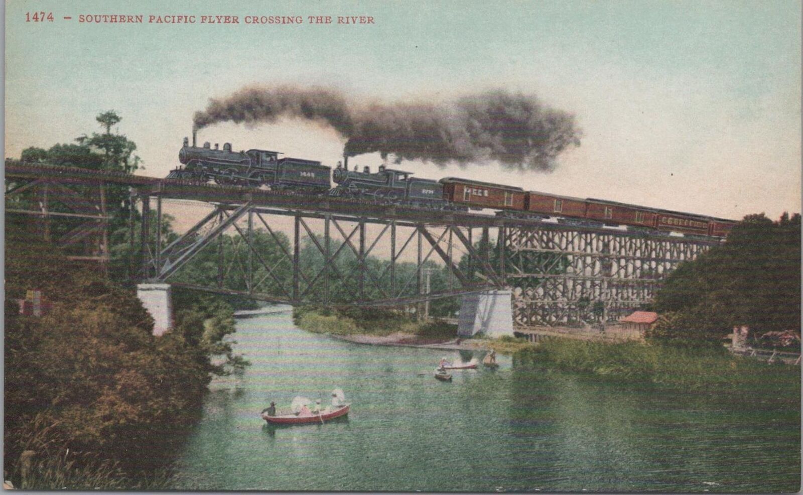 Postcard Railroad Train Southern Pacific Flyer Crossing the River 