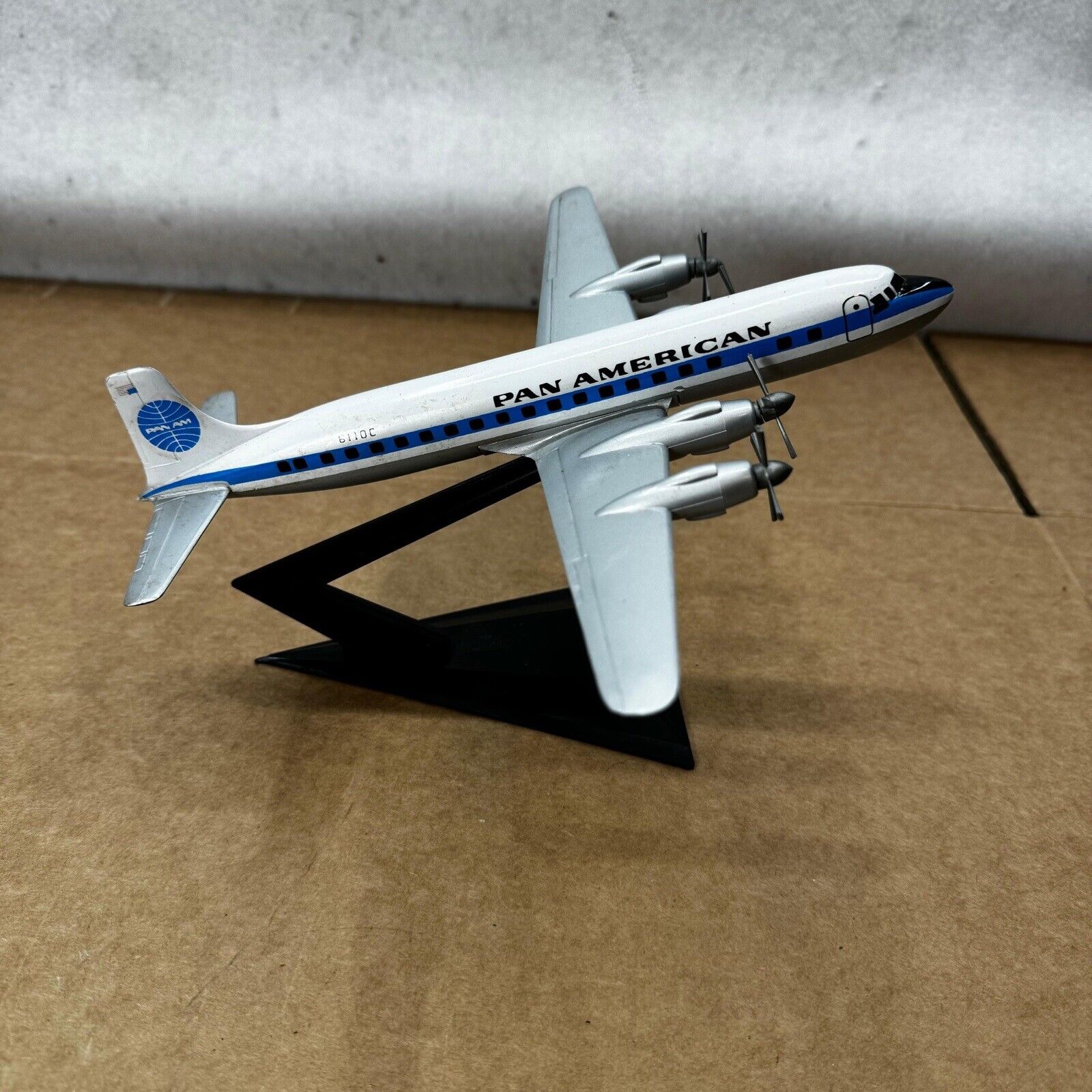 Vintage 1980s Pan American 6110C Airplane Model and Display Stand