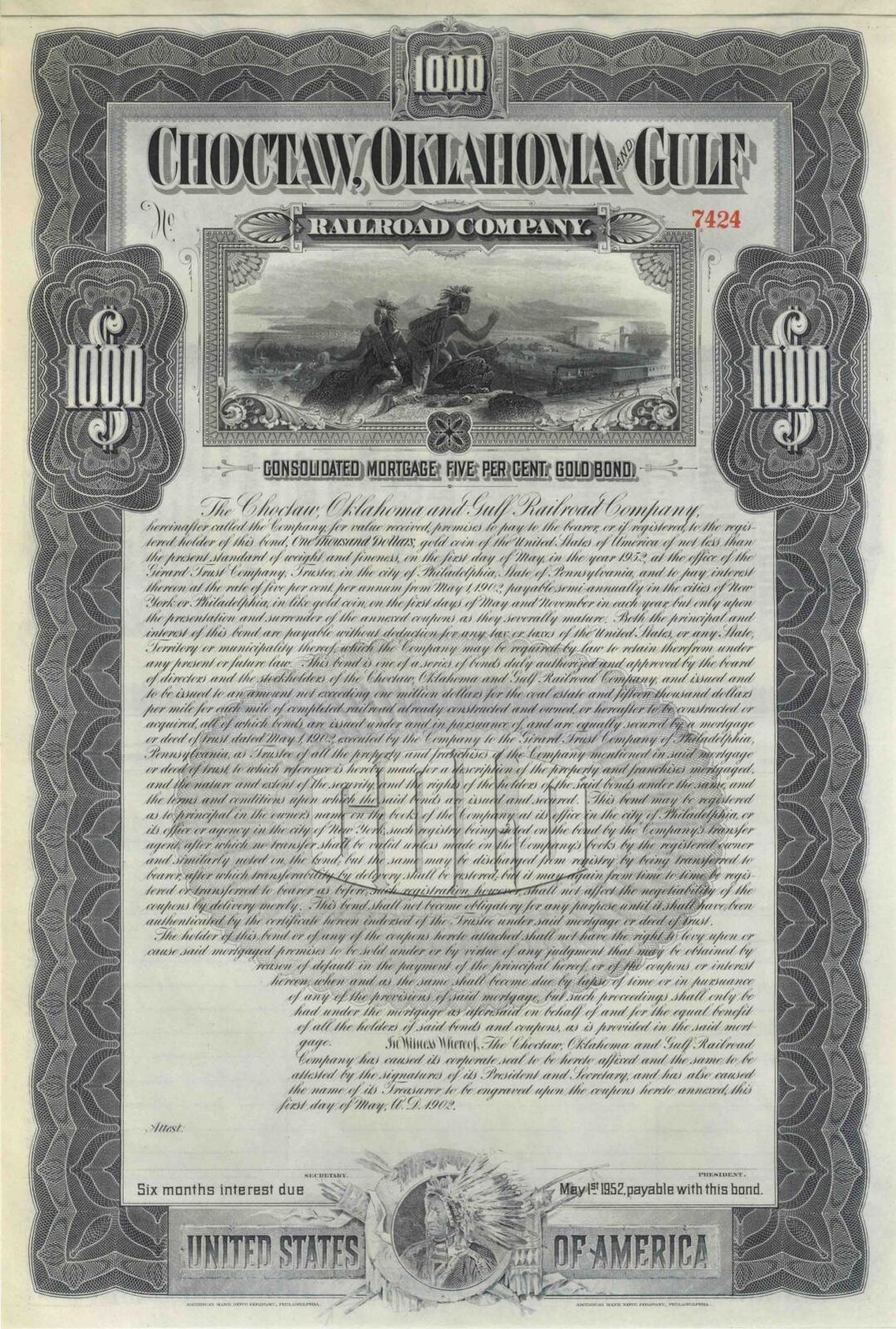 Choctaw, Oklahoma and Gulf Railroad Co. - 3 Full Pages of Coupons & Two Indian V