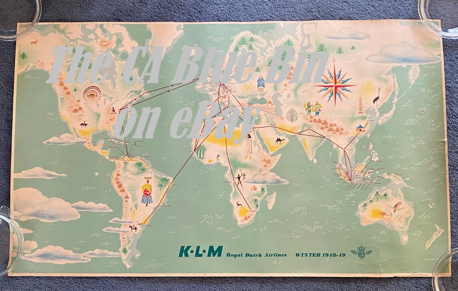 EXTREMELY RARE Winter 1948-49 KLM AIRLINES World Route Wall Map, Vintage Travel