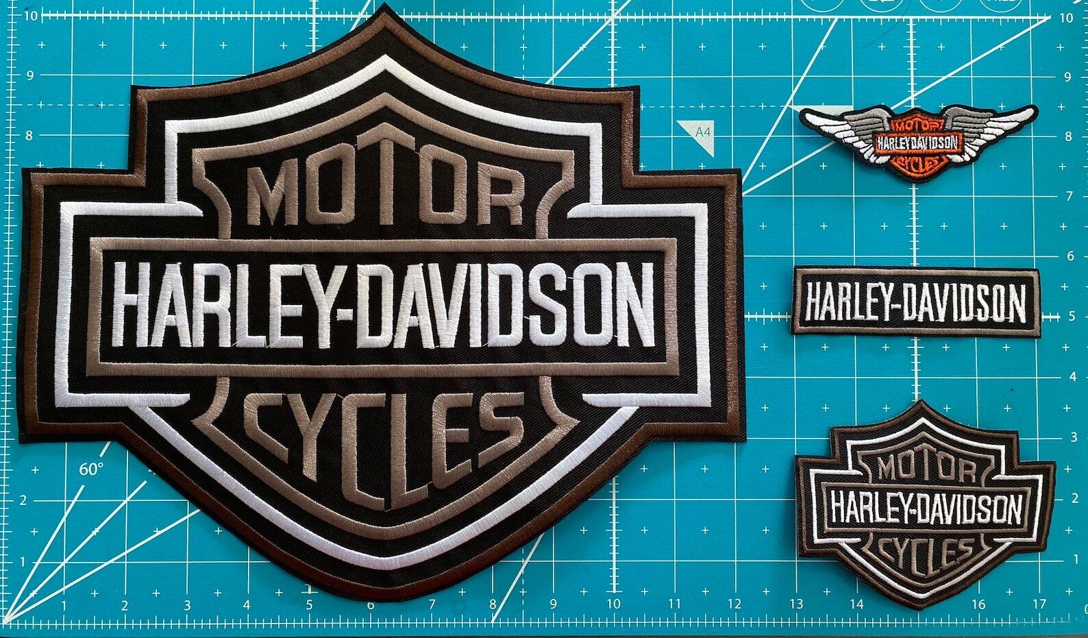Harley Davidson Large Embroidered Iron On Patches - 4 Gray Authentic Designs
