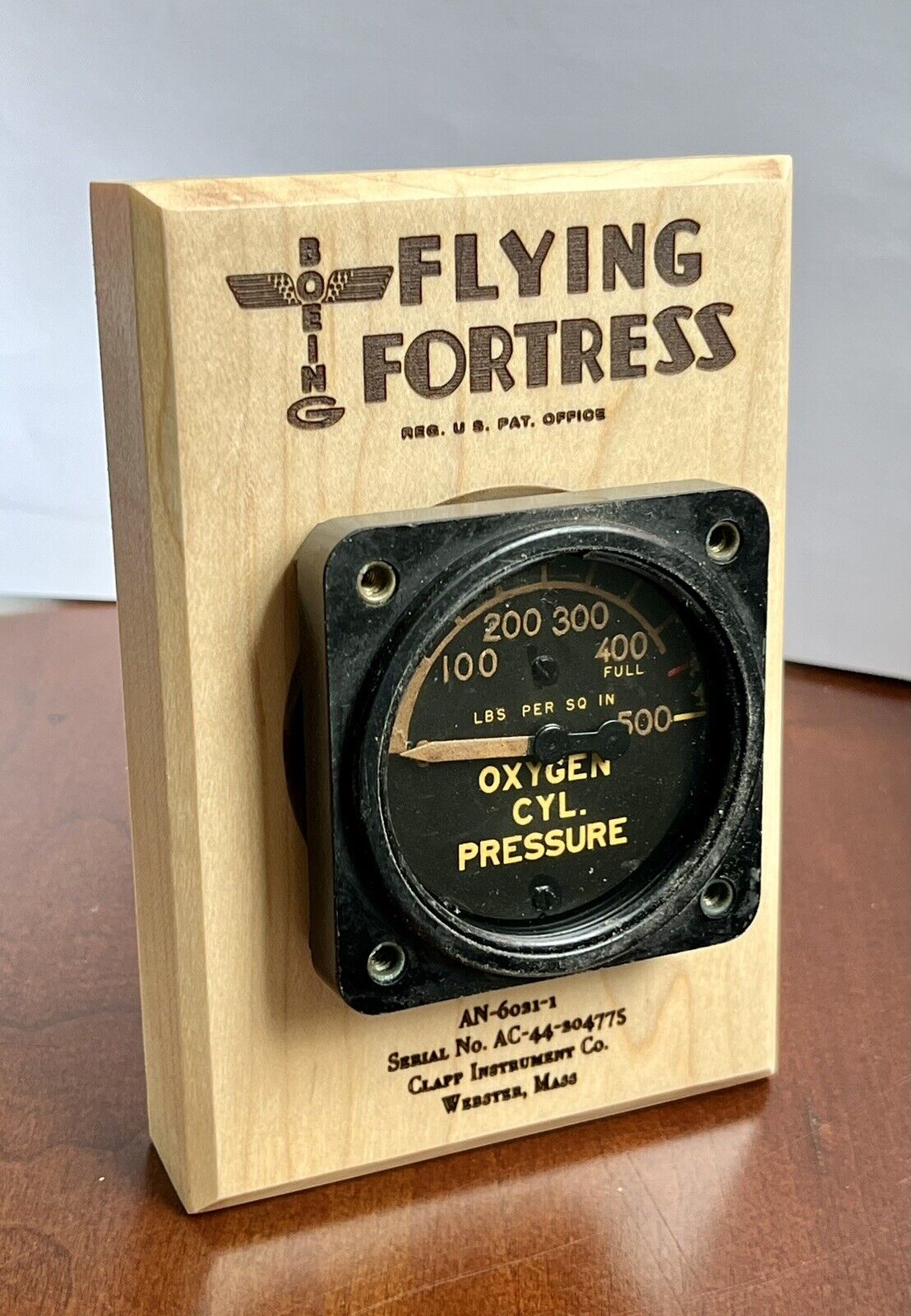 Boeing B-17 Flying Fortress Salvage Part Oxygen Gauge WWII Plaque Gift
