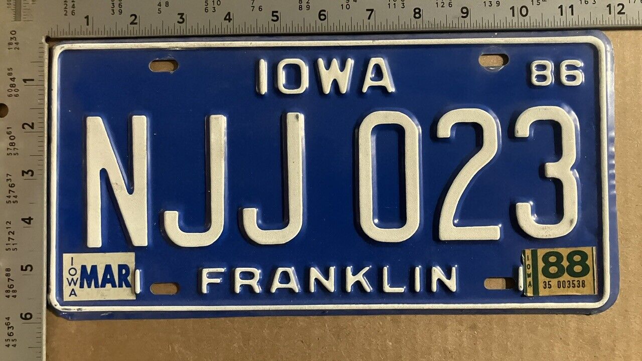 1988 Iowa license plate NJJ 023 Franklin birth year BLUE plate 11295