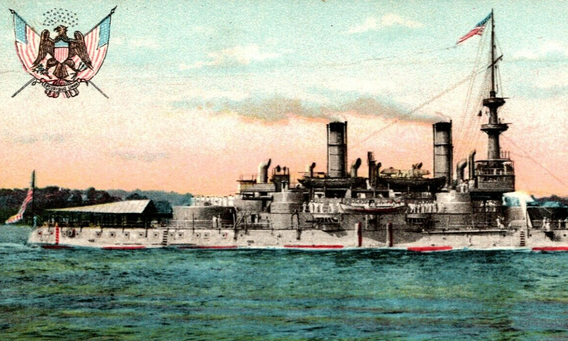 c1907 US Battleship Indiana BB1 Sunset Spanish American War Flag postcard P17B