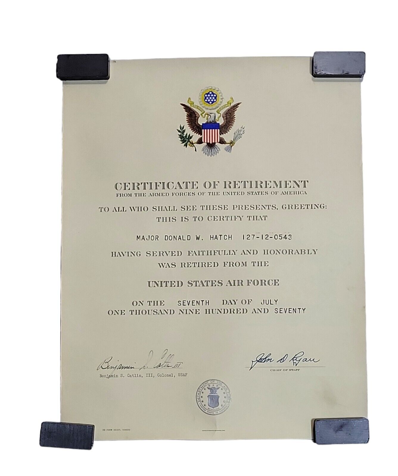 Department of the Air Force USAF Official Retirement Certificate 1970