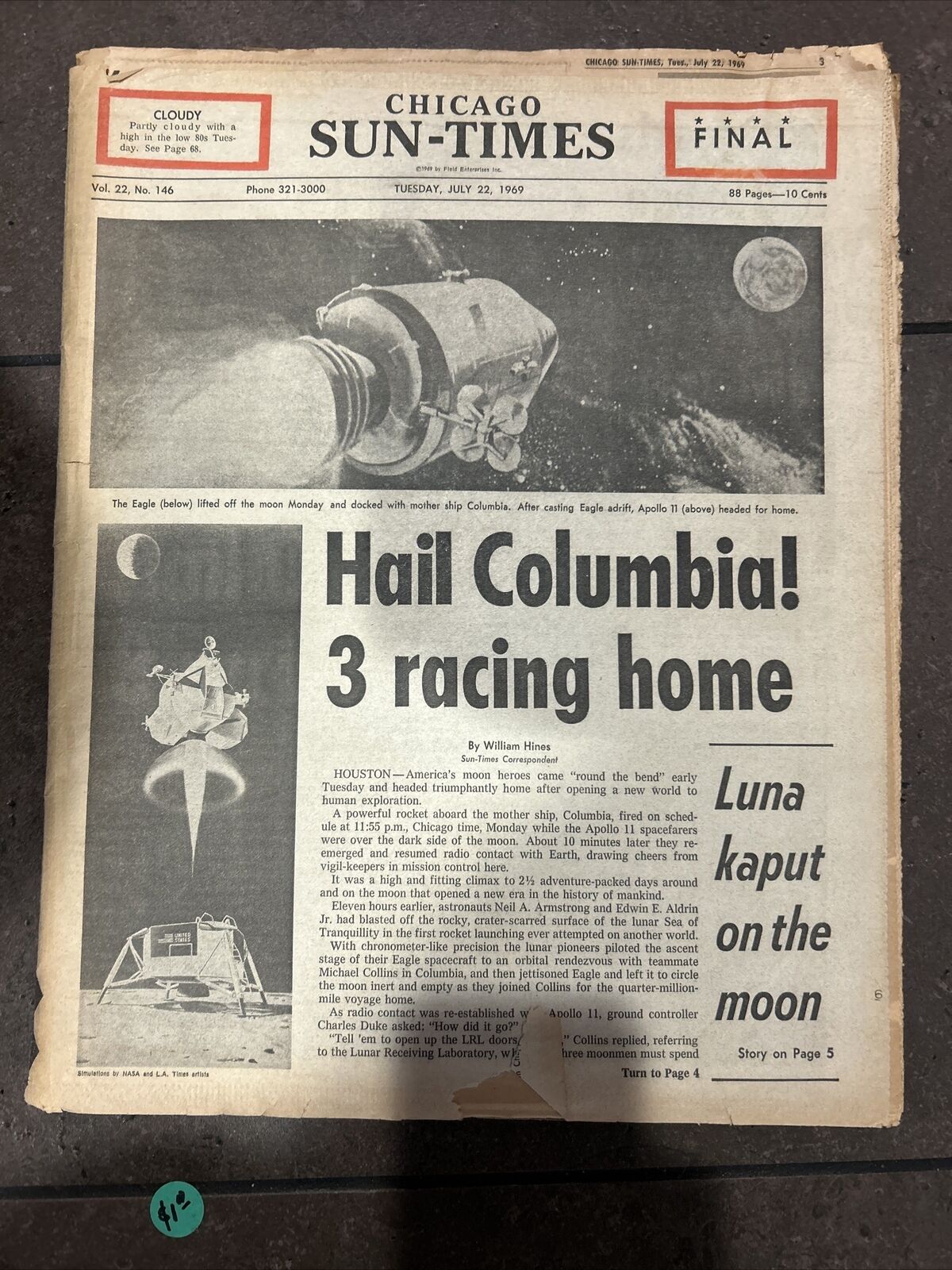 Apollo 11 Heading Home. Chicago Sun-Times, July 22, 1969 - Newspaper