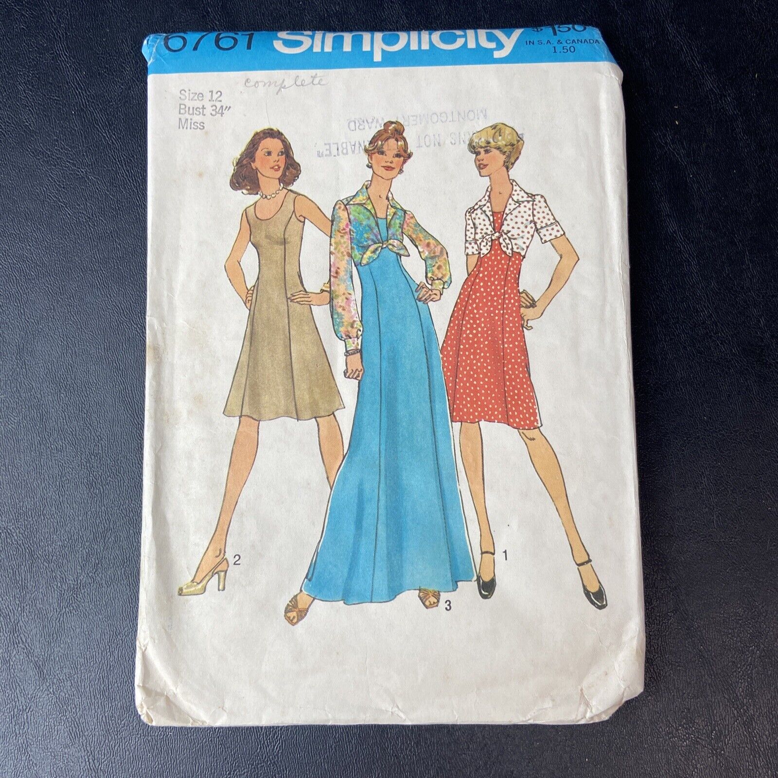 Bust 34 Size 12 - 1970’s Simplicity Pattern #6761 Princess Dress COMPLETE