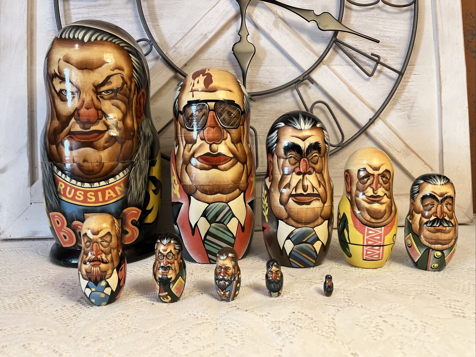 Vtg Unique 10.5” Tall Russian Soviet Leaders Nesting Dolls - 10 Dolls