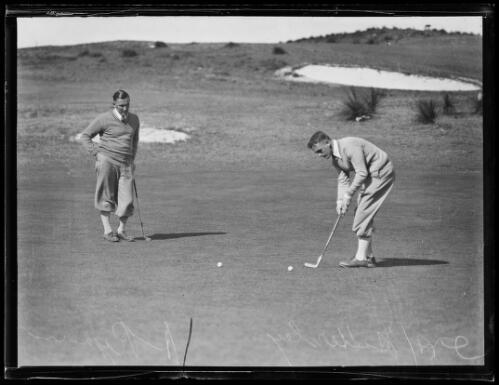 Golfers Mr H.W. Hattersley and Mr A. Ryan putting, NSW, 1930s Old Photo