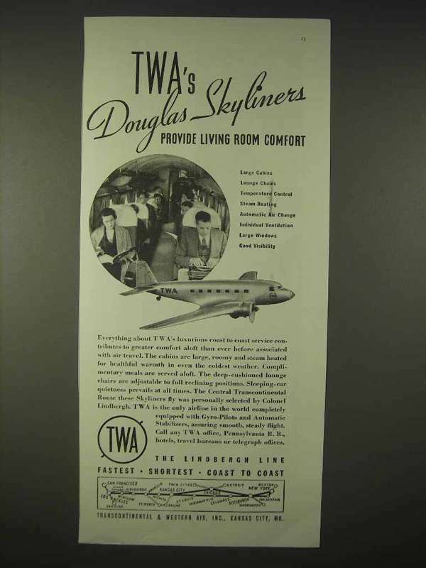 1935 TWA Airlines Ad - Douglas Skyliners Comfort