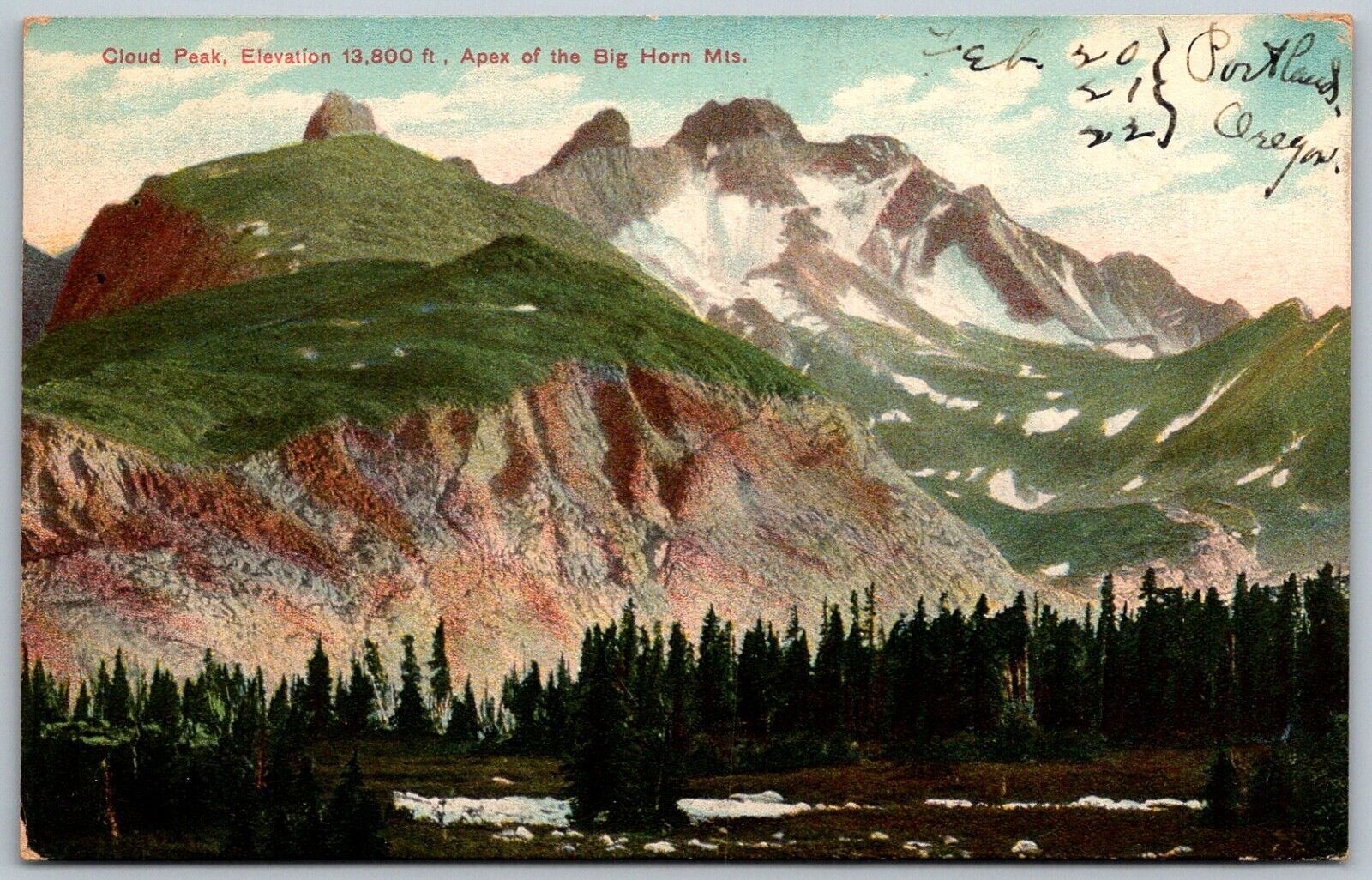 Cloud Peak Apex Of Big Horn Mountains Wyoming 1908 Postcard RPO Cancel