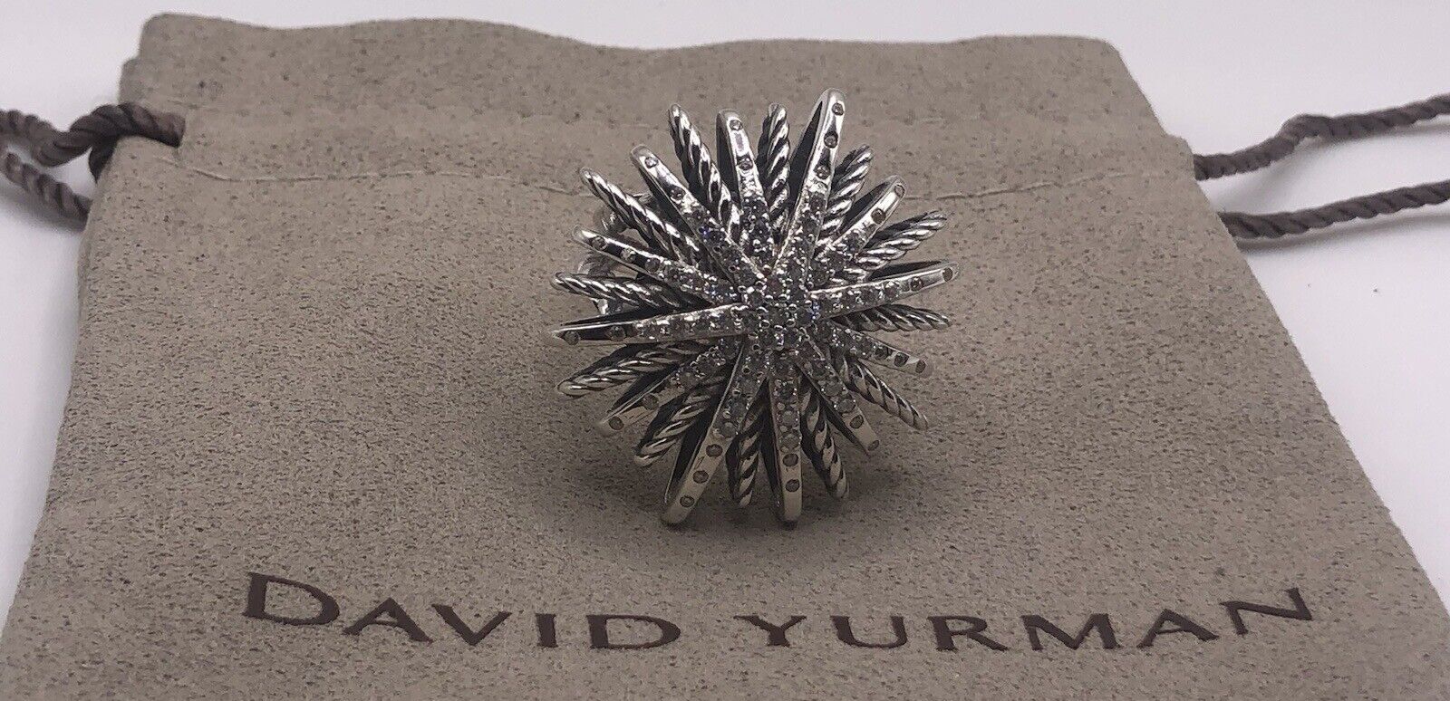 David Yurman Sterling Silver Large 34mm Starburst Pave Diamonds Ring Size 7
