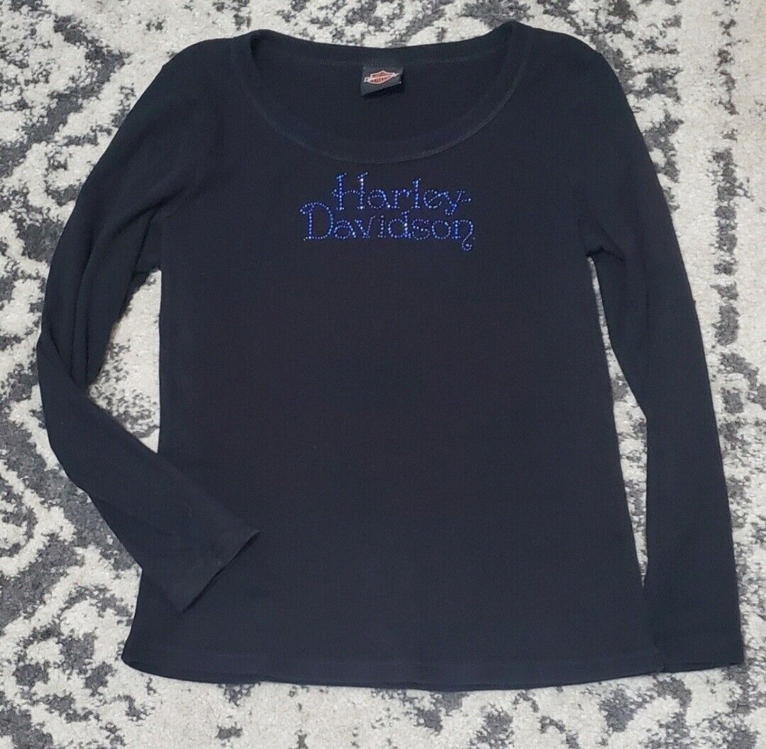 2000s Harley Davidson Blue Bedazzled Wimens Long Sleeve Tshirt
