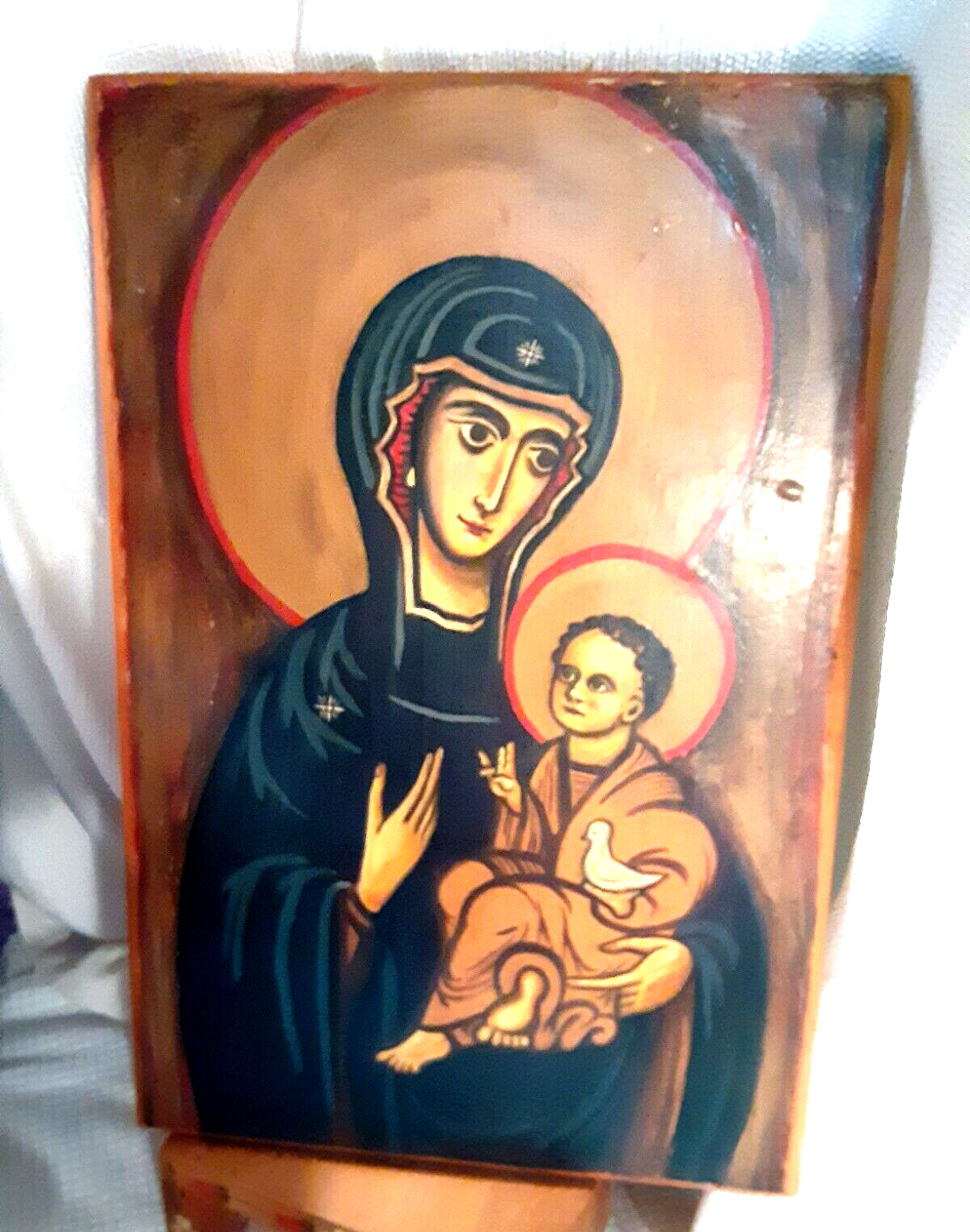 Vintage Virgin Mary wChrist Child Icon Signed Alvin Currie 11/1983 Wood Religiou