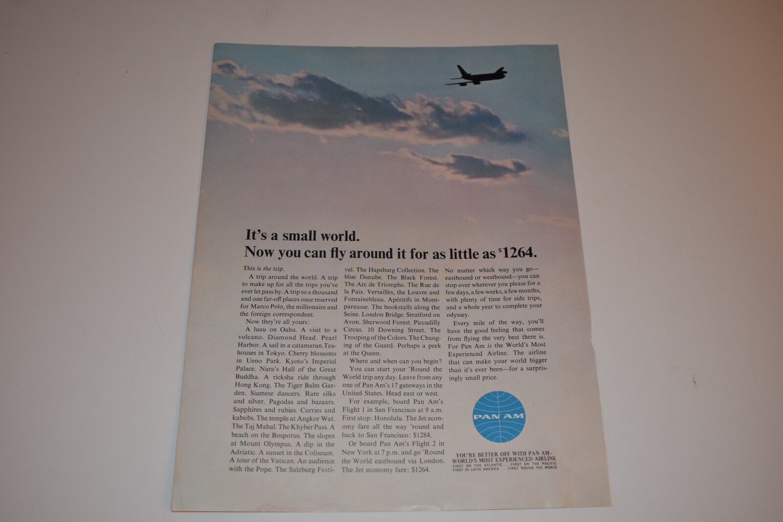 Vintage 1965 Pan Am Airline Around the World Print Ad.