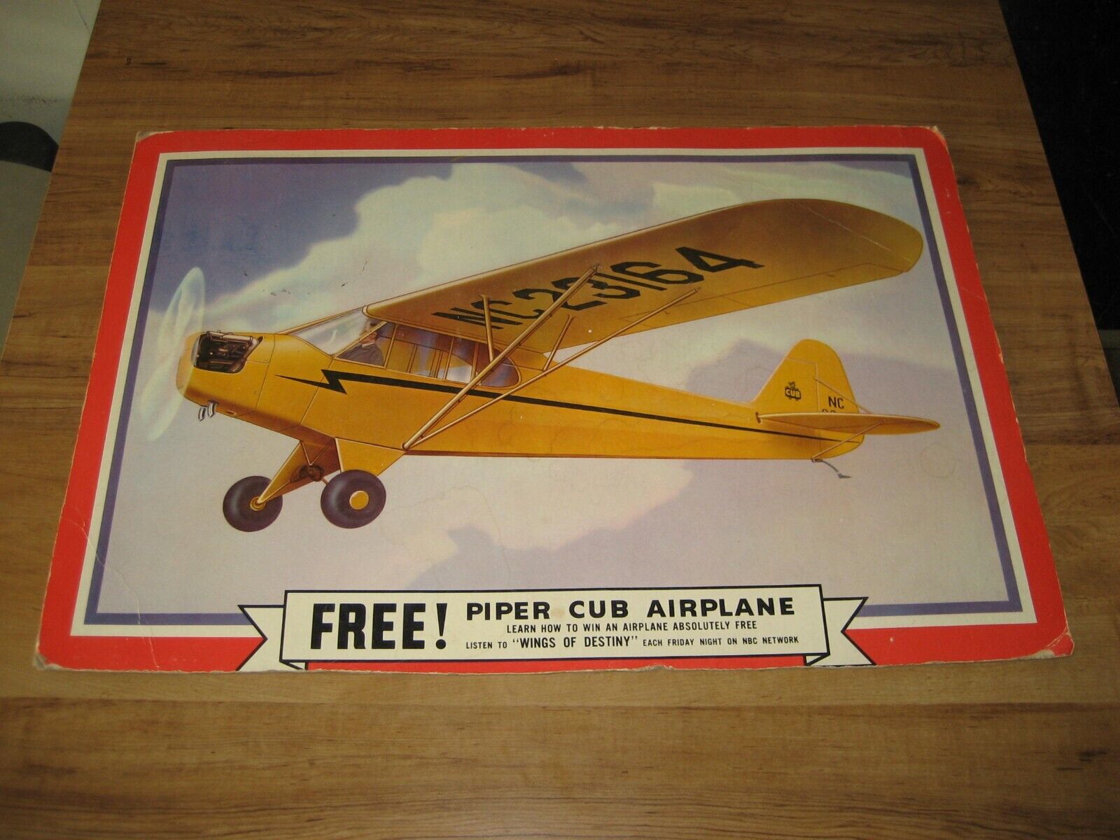 1950 Free Piper Cub Airplane Cardboard Poster-Wings Of Destiny Radio Show Promo