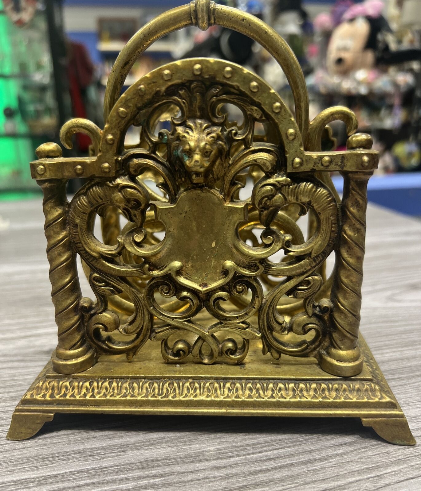 Antique  Brass Lions Head Letter Holder Rack Ornate