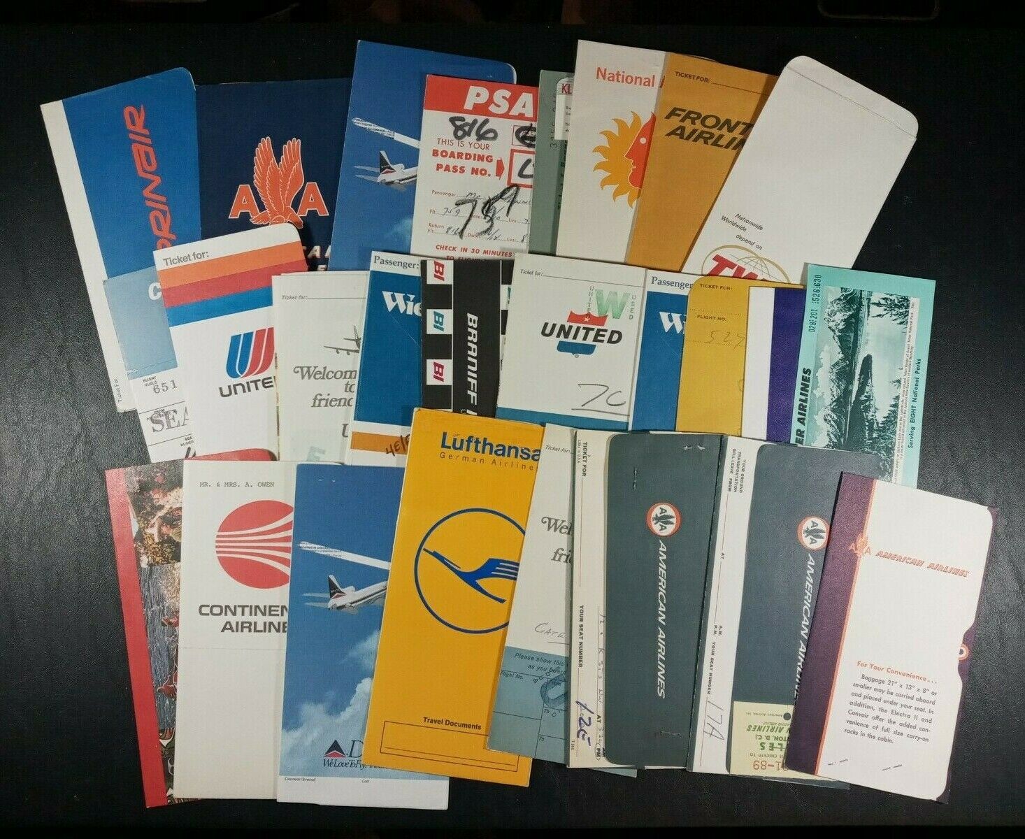 Lot of 26 Vtg Airline Ticket Jackets - American, Lufthansa, United, TWA, Eastern