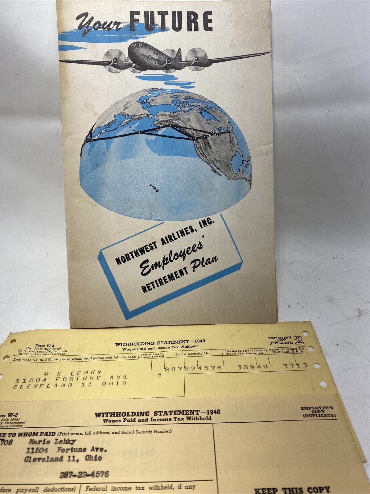 1948 Northwest Airlines Employees\' Retirement Plan Booklet W-2 Tax Marie Lehky