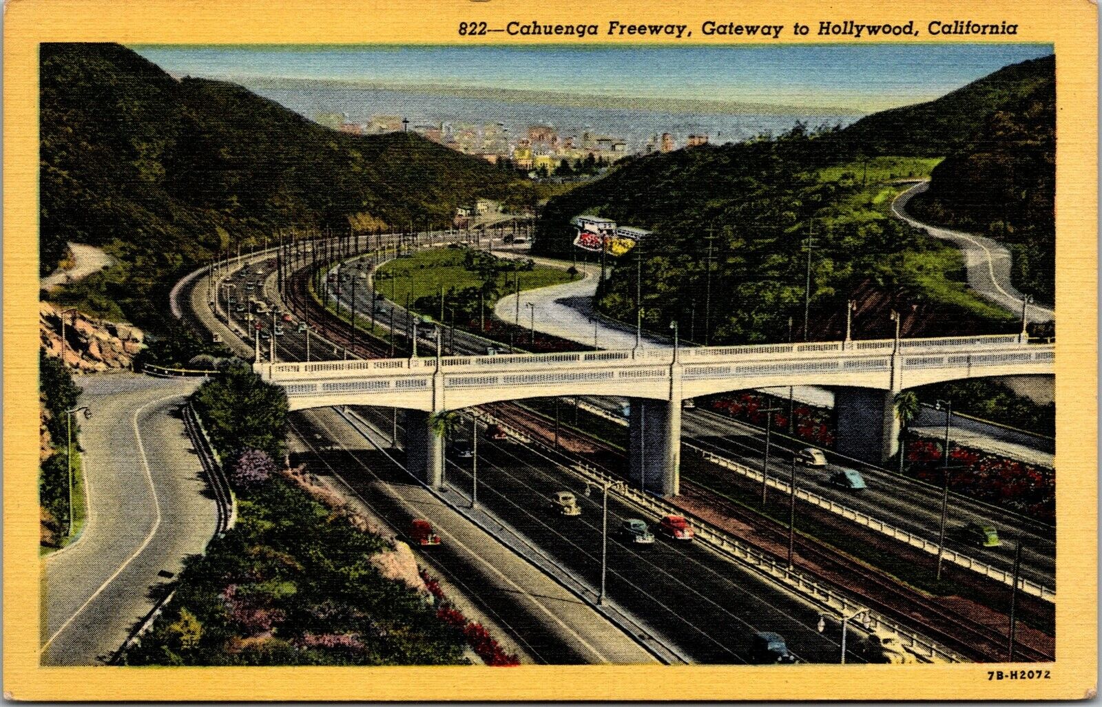 Vtg California CA Cahuenga Pass Overpass Hollywood Freeway 1940s Linen Postcard