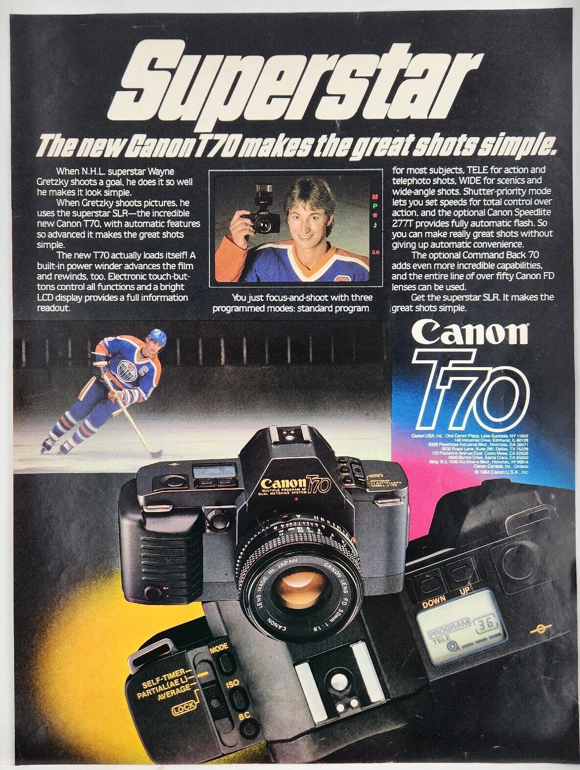 1984 Canon T70 Camera Wayne Gretzky Vtg Print Ad Poster Man Cave Art Deco 80\'s