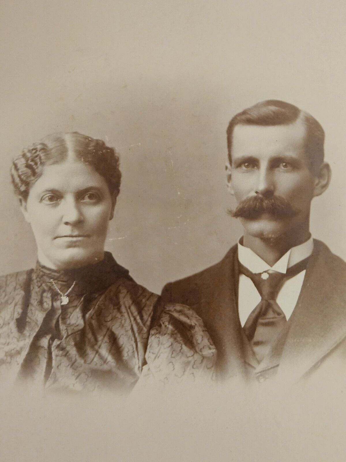 Vintage 1800's COUPLE WOOSTER OHIO CABINET CARD PHOTO. Check Out his Stache. 
